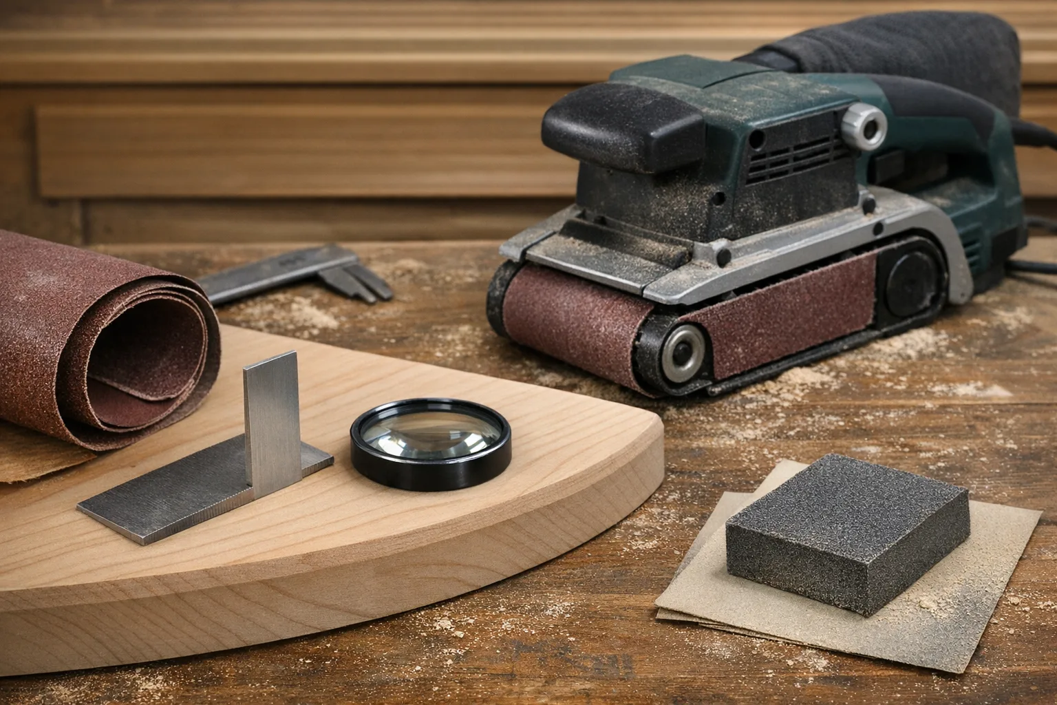 Feinschliff nach dem Bandschleifer: Uebergaenge glaetten und Oberflaeche pruefen